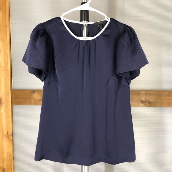 J. CREW Blue Satin Puffed Short Sleeve Top White trim Sz 2 - Picture 2 of 7